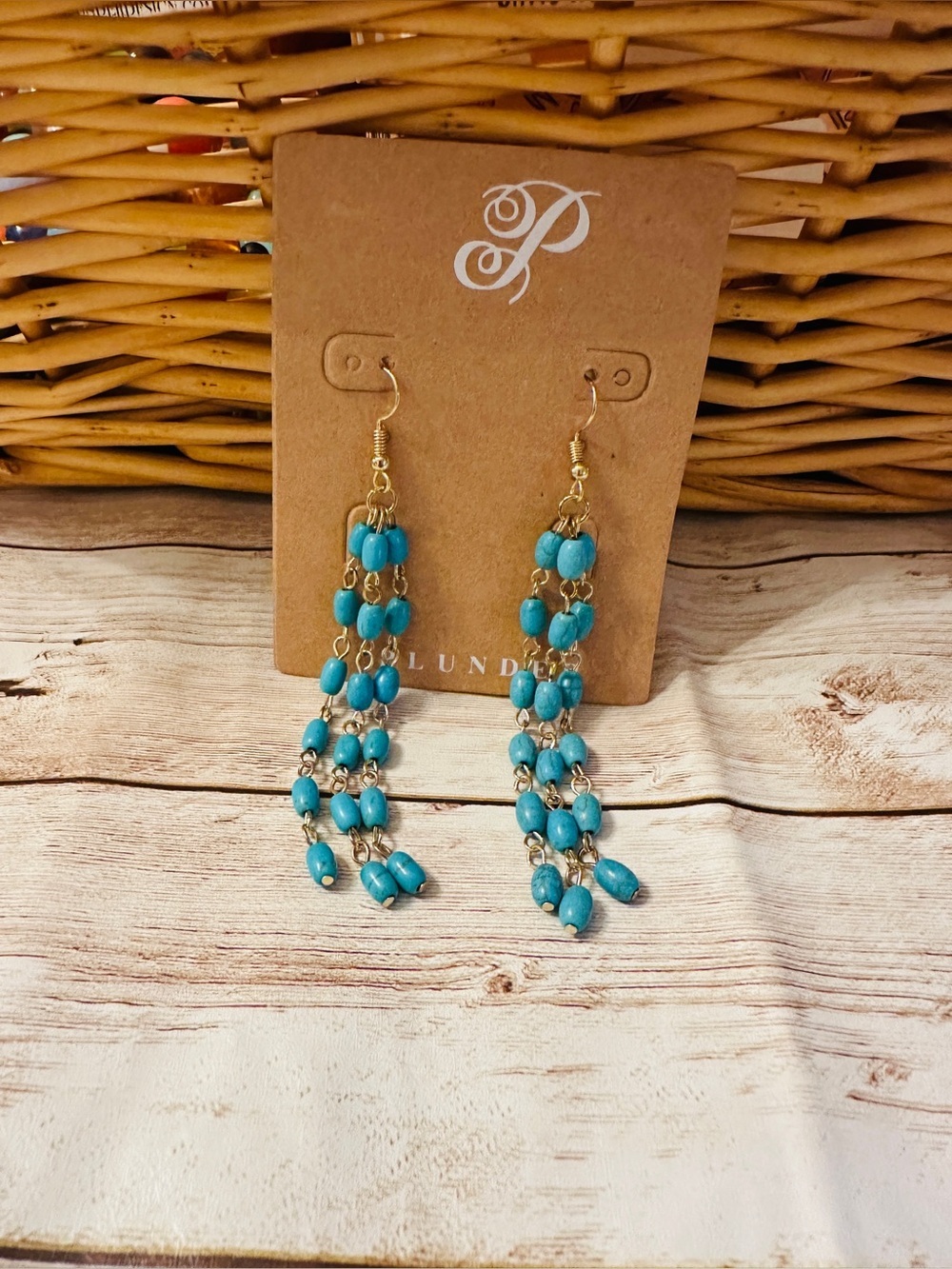 Turquoise Beaded Dangle Earrings - Gold Tone*Plunder*